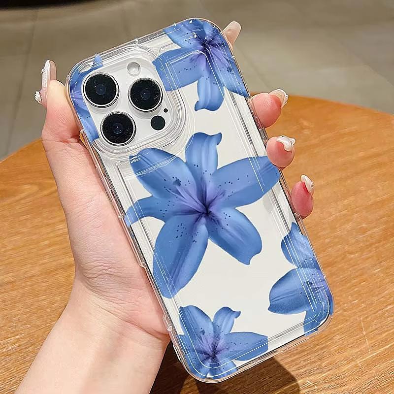 Elegant Blue Lily Pattern Phone Case For iPhone 17 Pro Max 16 15 Pro 14 13 12 11 XR XS 17Air 16 Plus 16E Clear Bumper Cover