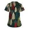 Women's Christmas Printed  Uniform Work Uniform V Neck Pocket Protective Uniform