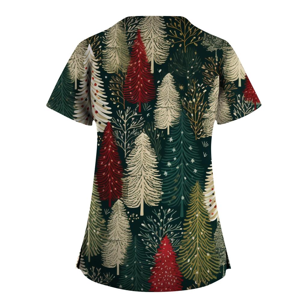Women's Christmas Printed  Uniform Work Uniform V Neck Pocket Protective Uniform