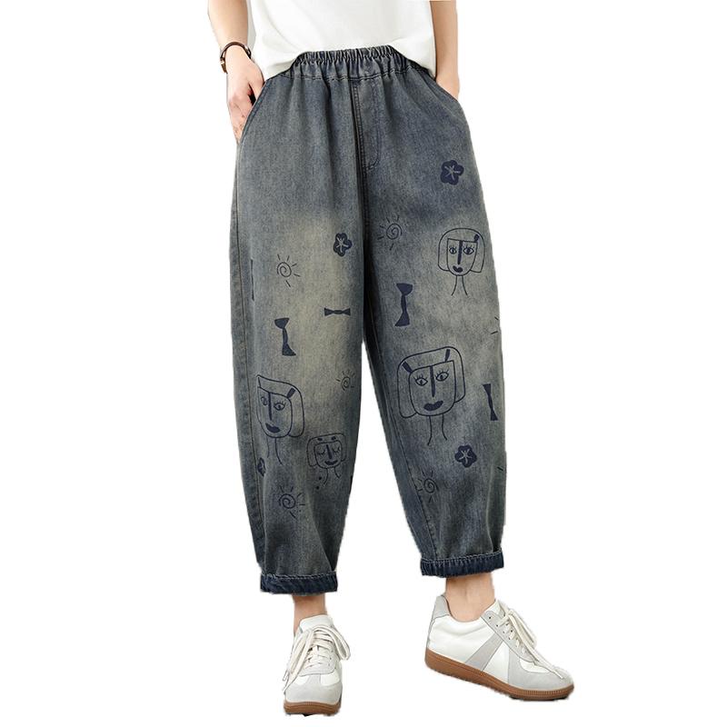 DIMANAF 2026 Summer New Plus Size Women Jeans Elastic Waist Print Long Pants Loose Casual Denim Cotton Trousers Pants