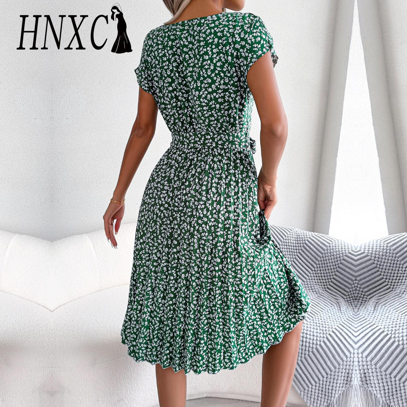 

HNXC Весна-лето Женское плиссированное А-силуэтное длинное платье с коротким рукавом и цветочным принтом S-3XL XXXL зелёный