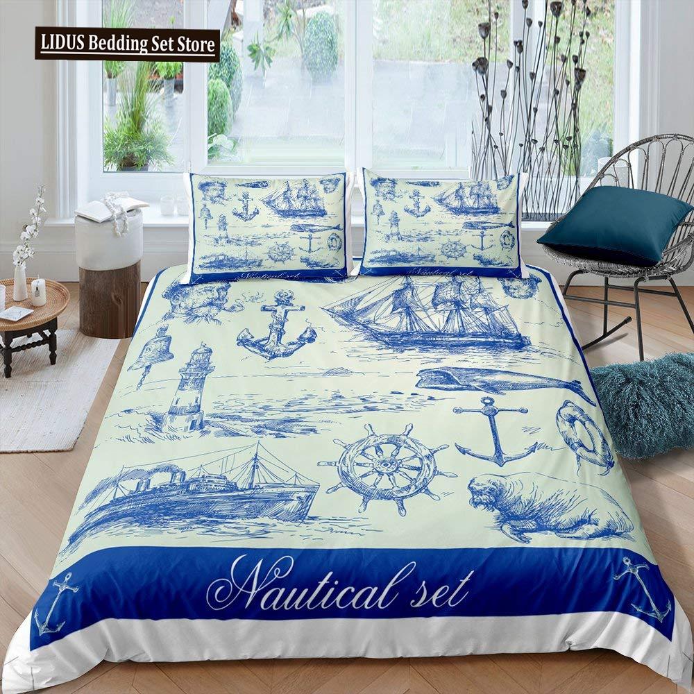 Nautical Duvet Cover Set Boat Pirate Bedding Set King Size Retro Sailboat Brown Comforter Cover Anchor Compass Vintage Quilt Set