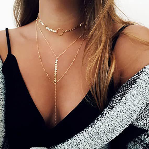 Simple and fashionable personalized multi-layer sequined chain necklace for women's sweater versatile rhinestone inlaid necklace