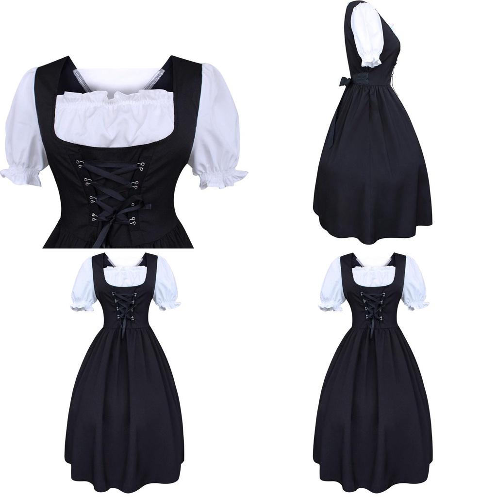 Elegant Medieval Women's Drawstring High Waist Bowknot Lace Up Long Dress For Halloween Parties