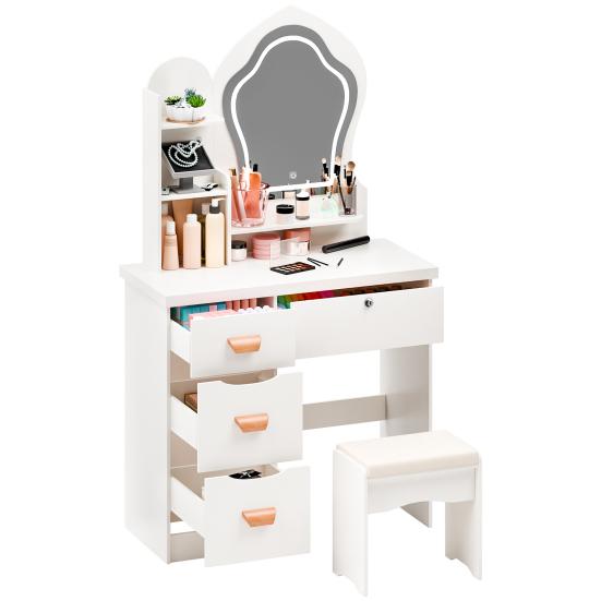 Makeup Vanity Desk with LED Lighted Crown-shaped Mirror, Vanity Table with 4 Drawers and Opening Shelves, Bedroom Dressing Table with