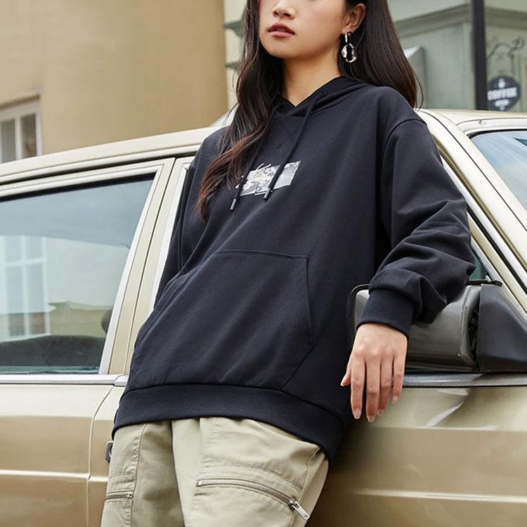 Li Ning Sports Trend Series Logo Embroidered Round Print Loose Hoodie Unisex Hoodies Black AWDR471-3