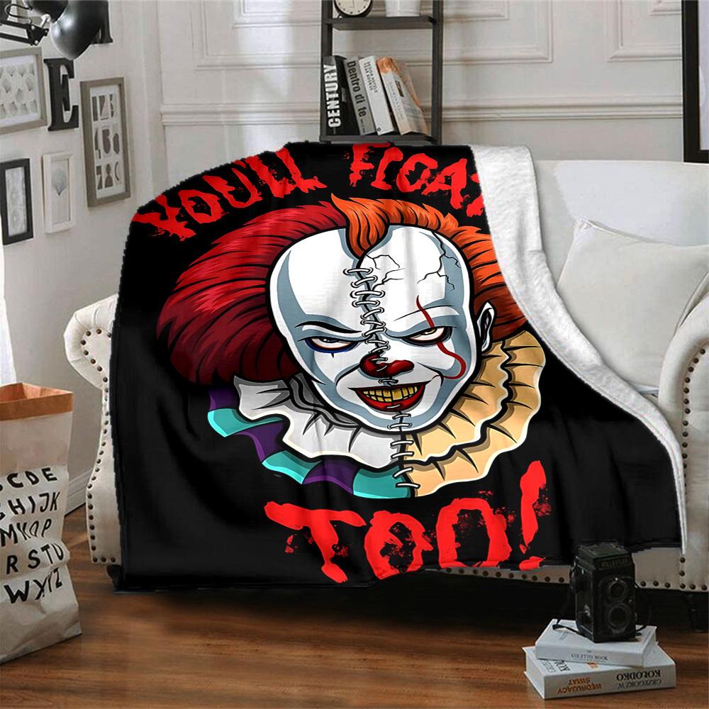 1pc It "Clown" Flannel Throw Blanket - HD Printed Lightweight Soft Warm All-Season Blanket for Sofa, Bed, Travel, Camping003