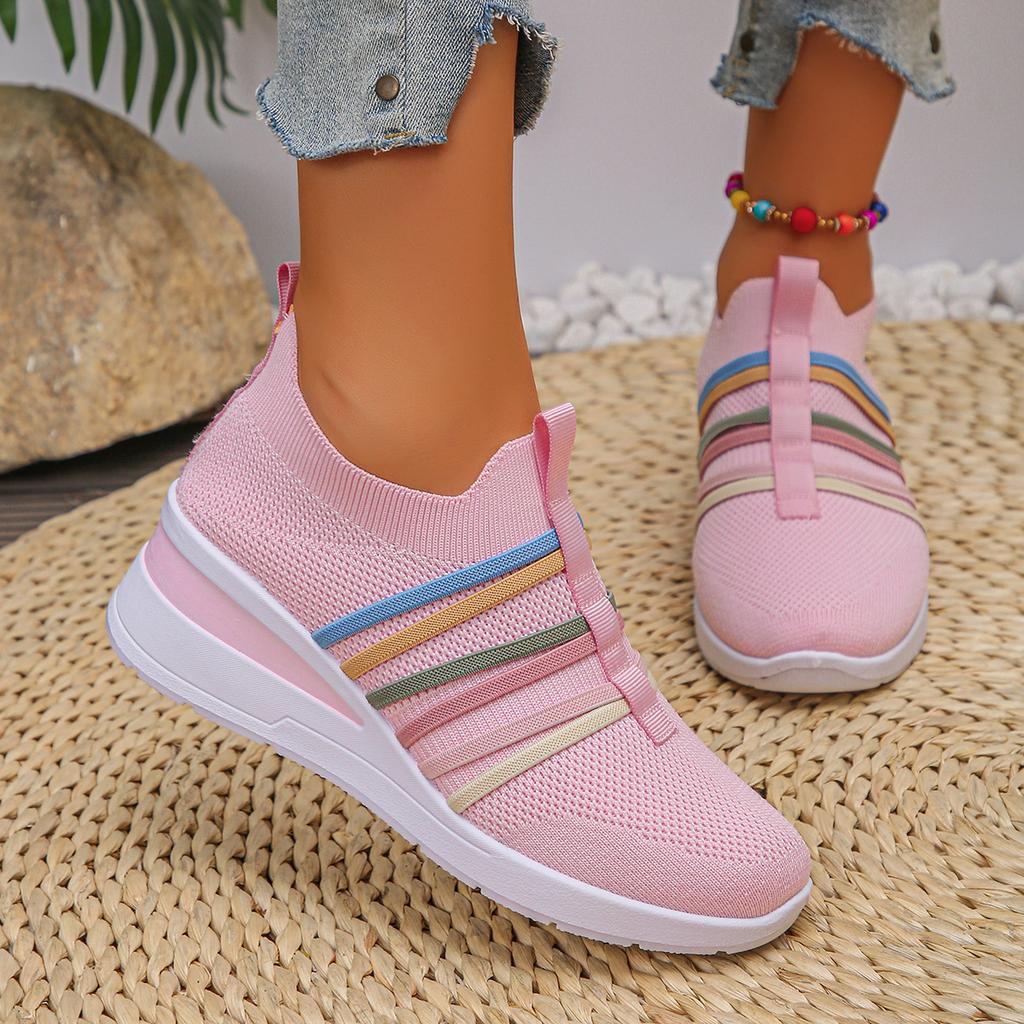 Fashion Color Band Breathable Mesh Flats Women 2025 Plus Size 36-43 Soft Sole Casual Sneakers Woman Slip On Thick Sole Walking Shoes