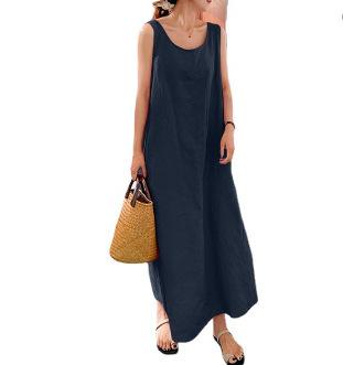 Women's Sleeveless Linen Cotton Maxi Dress U Neck Loose A-Line Long Dress With Side Pockets Solid Color Summer Vacation Casual Sundress