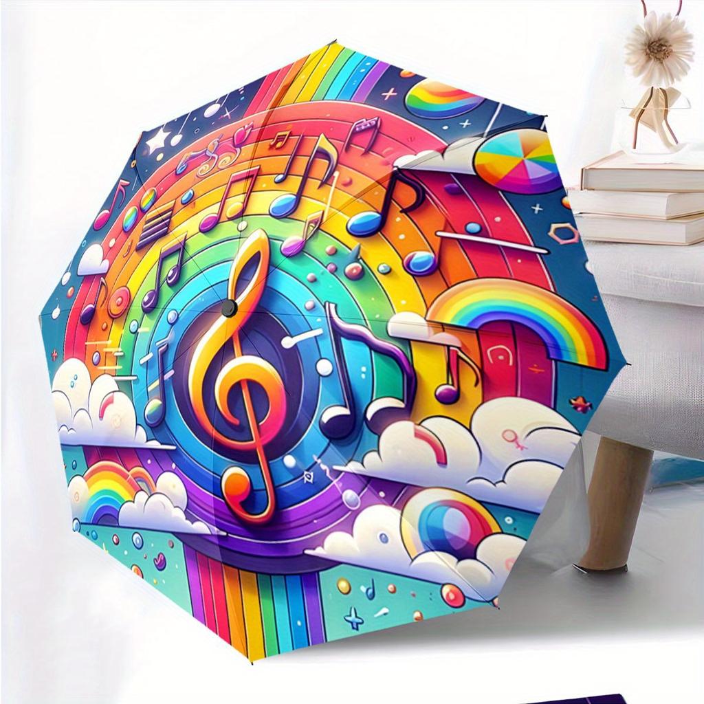 Automatic Folding Umbrella Colorful rainbow with musical notes and clouds. Portable collapsible design, casual outdoor accesso