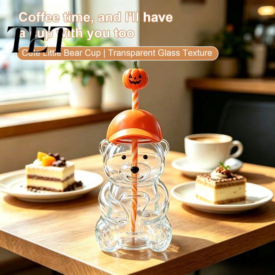 Durable Drinking Container 600ML Bear Glass Tumbler with Lid & Straw, 20oz Borosilicate Water Bottle Straw Cup for Iced Coffee, Boba Tea, Milk,