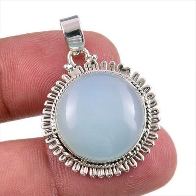 Natürlicher Aqua Chalcedon Edelstein Handgefertigt 925 Massiv Silber Anhänger 1.50" q3R18