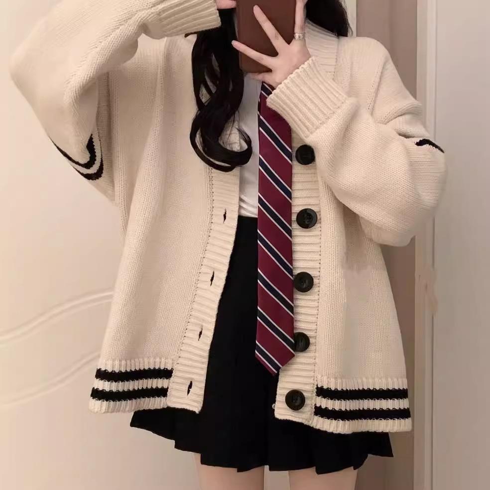 Fashion Versatile College Style Knitted Cardigan Women's Autumn and Winter V-Neck Contrasting Striped Sweater Jacket Loose Large Size