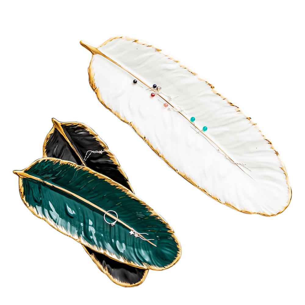 Gold Plating Ceramic Plate Set Fashion Feather Design Jewelry Tray Tableware Accessories Dim Sum Fruit Plate Kitchen Dining Dish