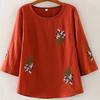Women Summer T-shirt Flower Embroidery Three-quarter Sleeve Loose Plus Size Round Neck Match Pants A-line Breathable Retro Spring Summer Top Women