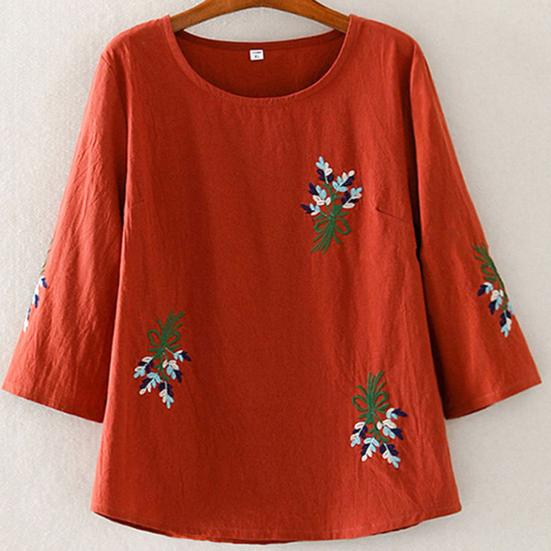 Women Summer T-shirt Flower Embroidery Three-quarter Sleeve Loose Plus Size Round Neck Match Pants A-line Breathable Retro Spring Summer Top Women