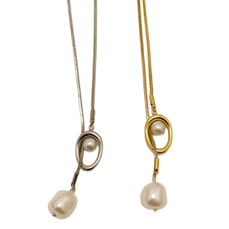 Sturdy Brass Adjustable Chain Baroque Pearls Pendant Long Necklace for Women's Fashion Sweater Chain Jewelry Accessory