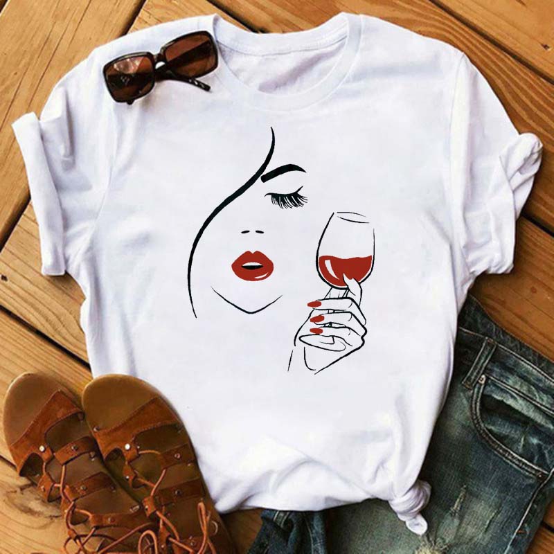 New Women T-Shirt Casual Short Sleeve T Shirt Women's Fashion Rose Red Wine Glass Printed Black T-Shirt Female Tops Tees