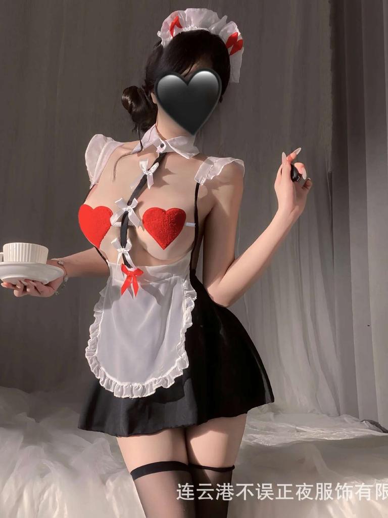 Sweet Hot Sexy Korean Women Mini Dress Sweet  New Sexy Maid Uniform Pure Desire Couple Fun Pajamas Dress Elegant W90E