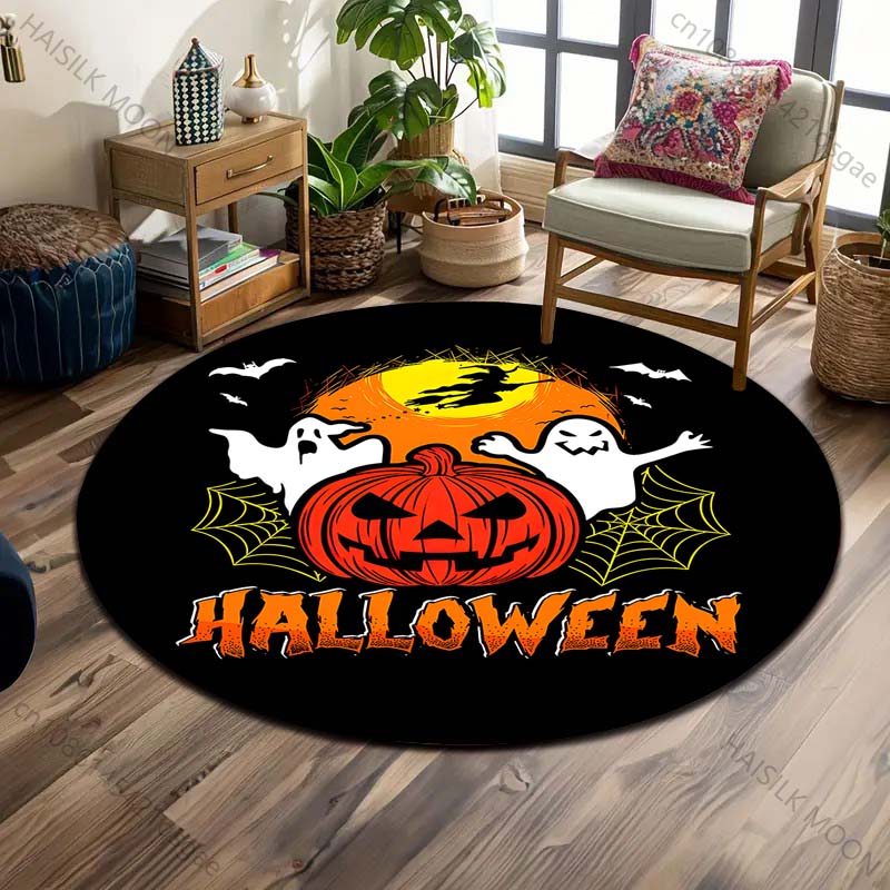 Pumpkin Head Bat Castle Halloween Round Carpet Floor Mat Suitable for Children's Bedroom Decor Living Room Round Rugs for Gifts