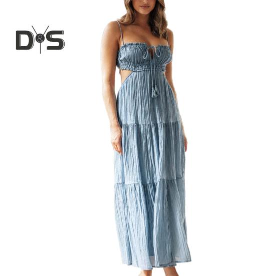 Ženy Sexy Bandeau Popruh Dlouhé šaty Šněrování Bez zad Nízký střih Midi Šaty Šití Splývavý lem Špagetová ramínka Pěstované šaty