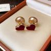 French Elegant Wine Red Velvet Heart-Shaped Champagne Pearl Rear Hanging Stud Earrings New Design Jewelry Accessories For Womens