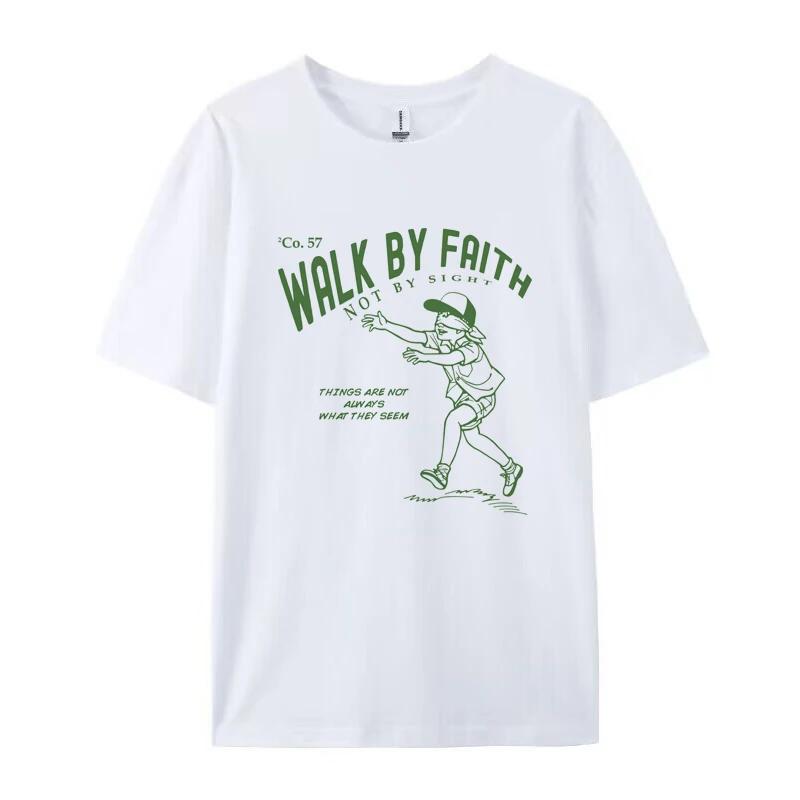 Walk by Faith Bible Verse Streetwear Graphic Tees Loose Vintage Religious TShirt Jesus Faith Shirt Women Unisex Christian Apparel S