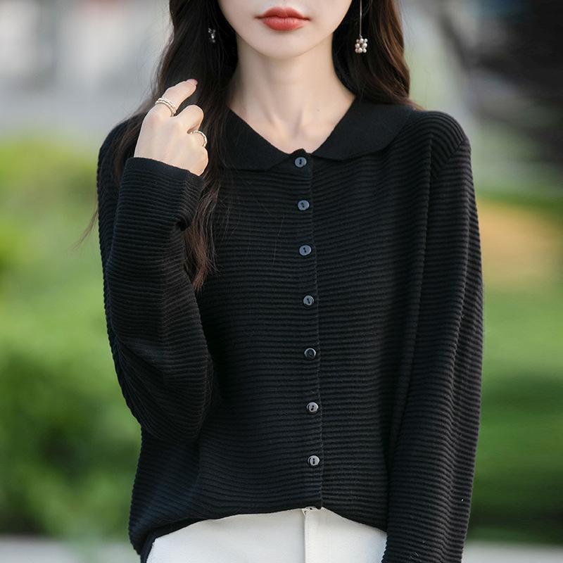 Autumn Women's Cardigan Doll Collar Knit Long Sleeve Loose Solid Colour Sweater Top