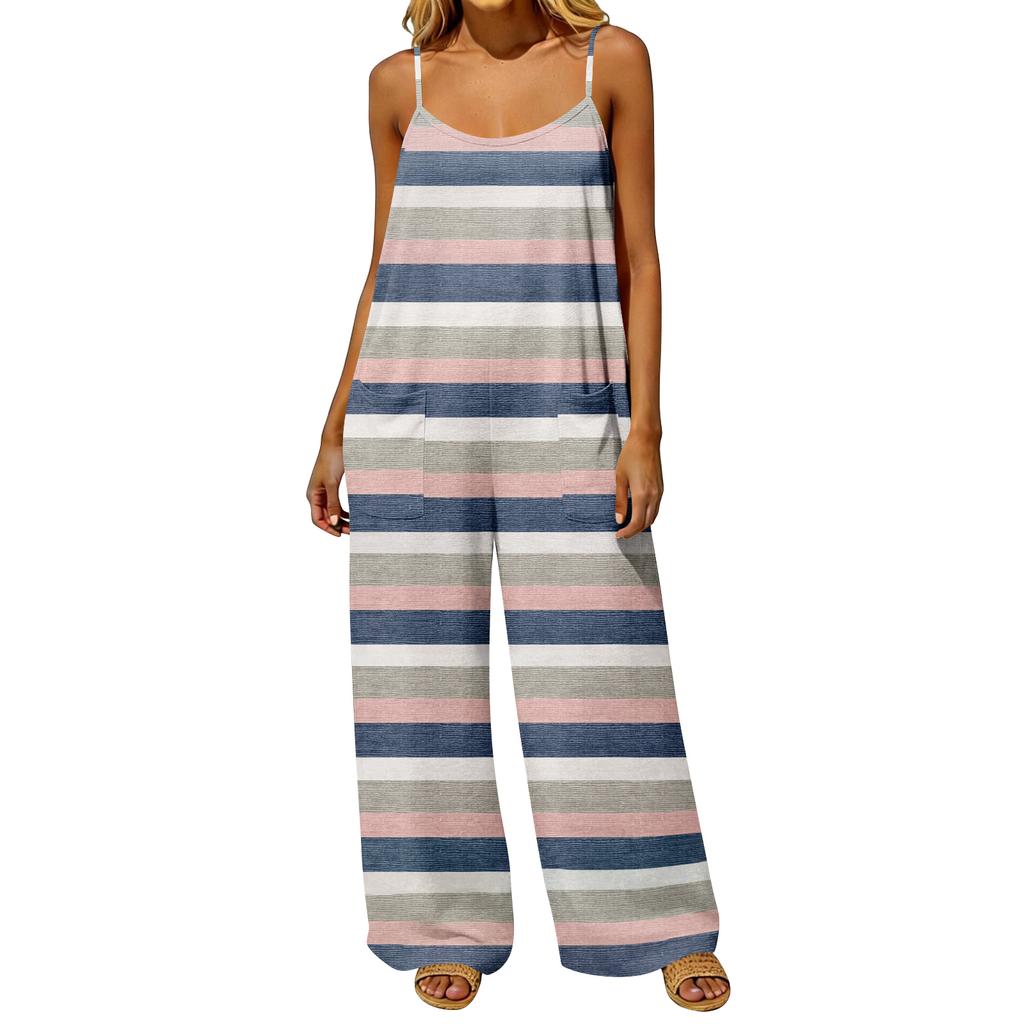 Women Casual Loose Fit Vintage Style Sleeveless Jumpsuit with Adjustable Straps and Pockets Wide Leg Floral Print Romper