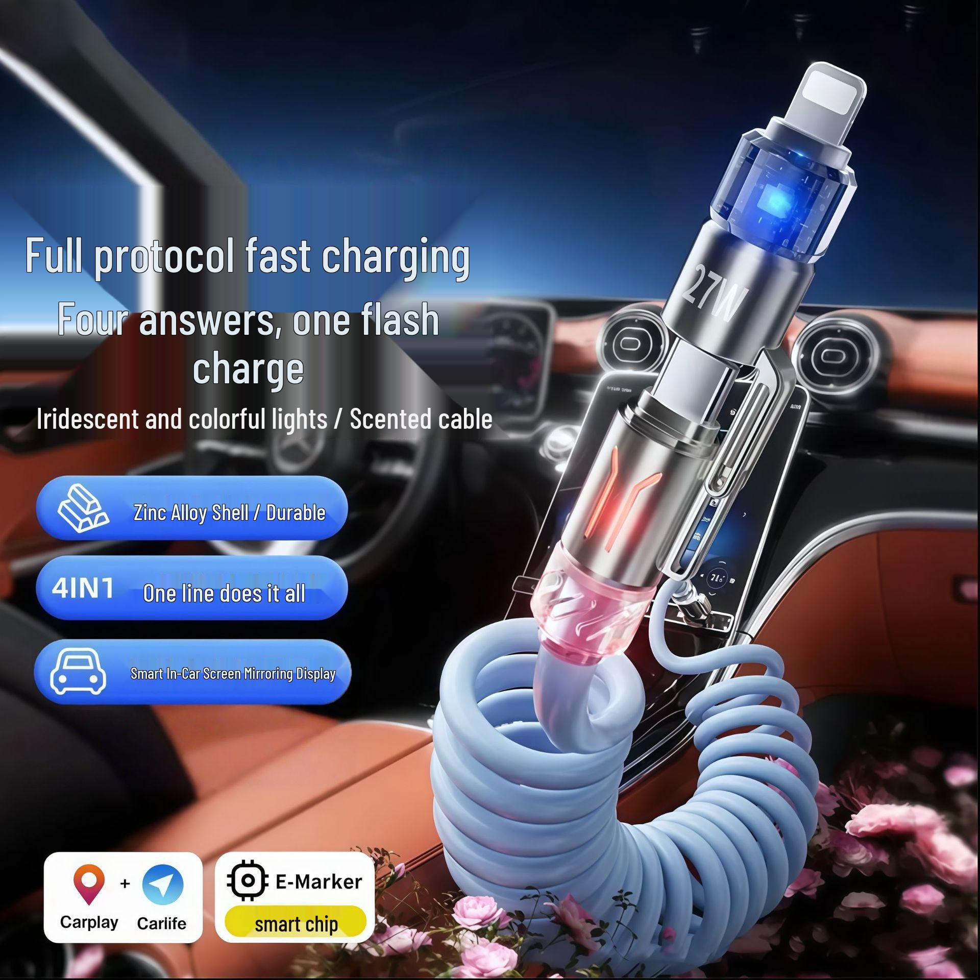

Universal Fast Charging 4-in-1 Spring Car Cable for Huawei, Type-C, and Apple Devices светло-синий