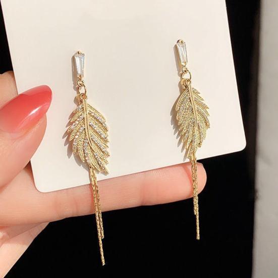 Yousheng 1 Pair Lady Earrings Leaf Shape Tassel Shiny Rhinestone Hanging Earrings Wedding Jewelry