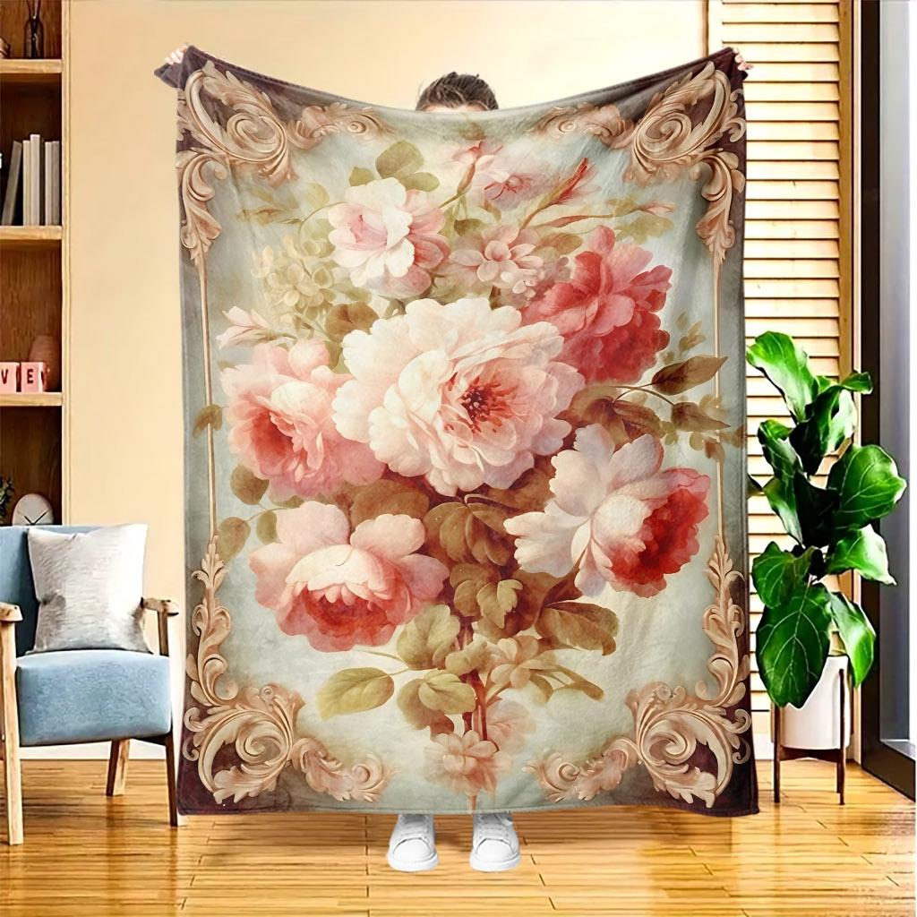 Vintage Baroque Carving Frame Pink Peony Oil Painting Flannel Blanket Soft Warm Throw Blanket For Sofa Bedroom Farmhouse Home