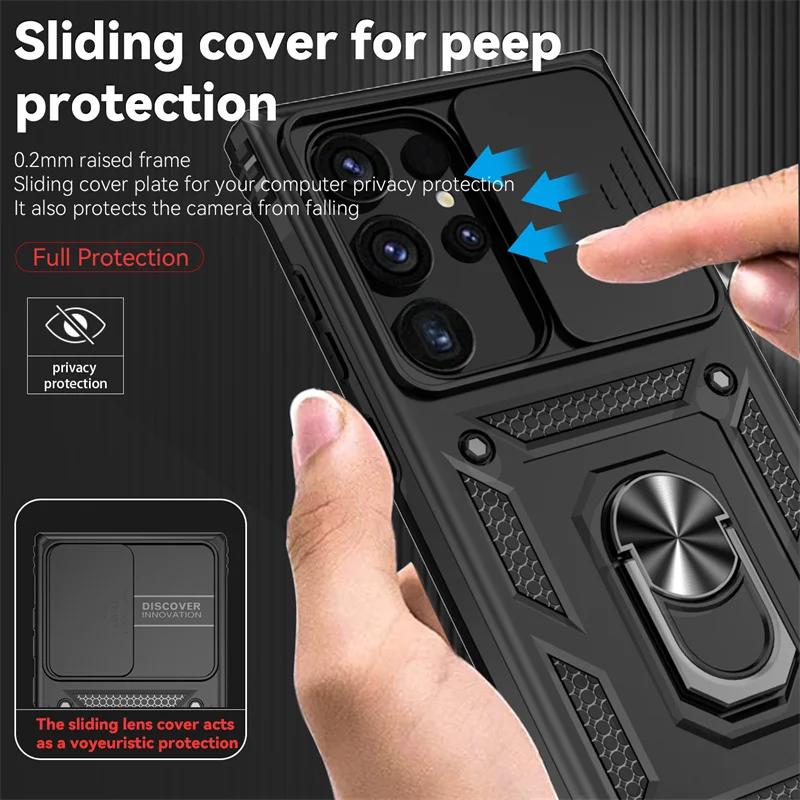 Armor Magnetic Bracket Case for Samsung S25 FE S26 S24 Plus S23 S22 S21 Note 20 Ultra Slide Camera Protection Shockproof Cover