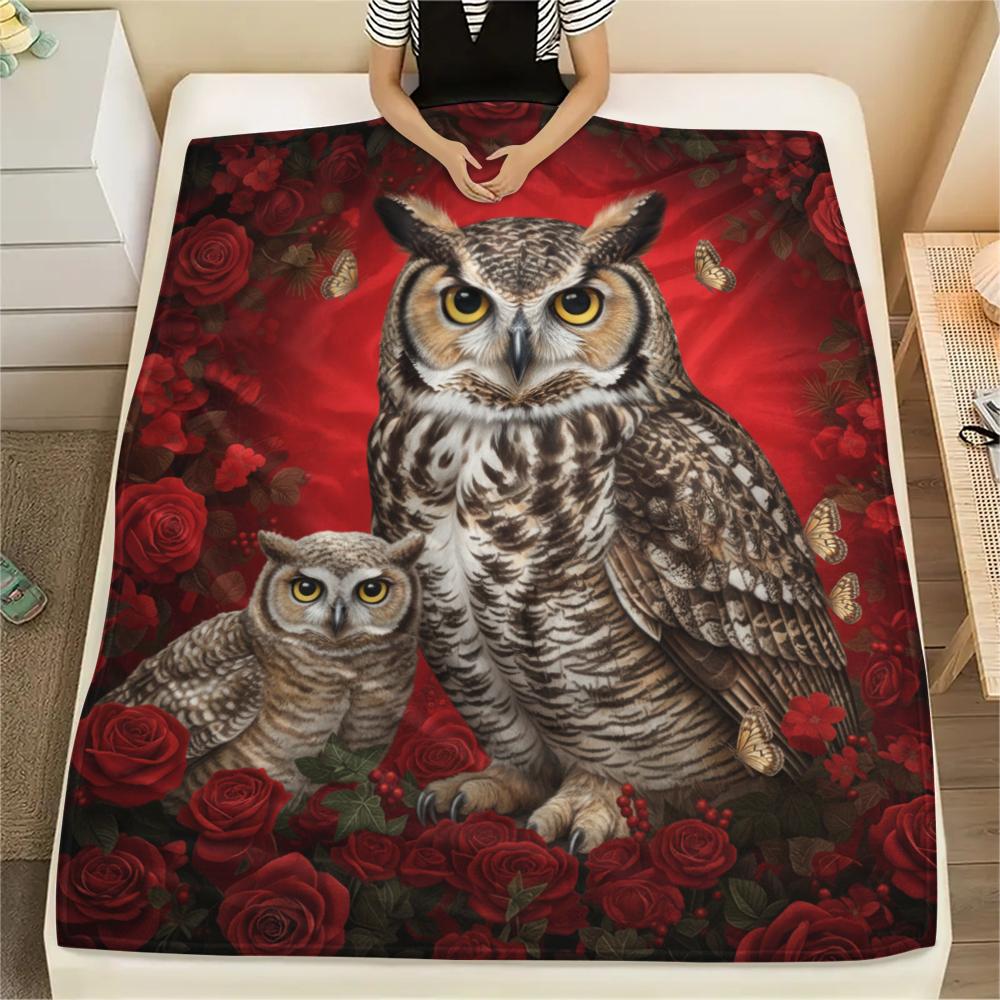 1PC Red Rose Owl Print Flannel Blanket, High Quality All Seasons, Home Decor, Warmth and Comfort, Perfect for Christmas Gifts