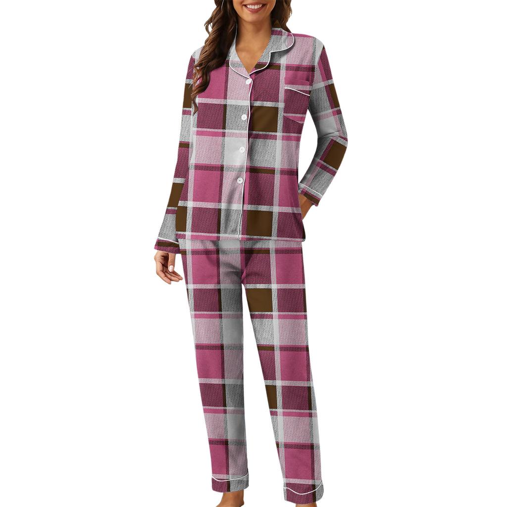 Women's Casual Fashion Plaid Patchwork Print Long-Sleeved Trousers Homewear Set