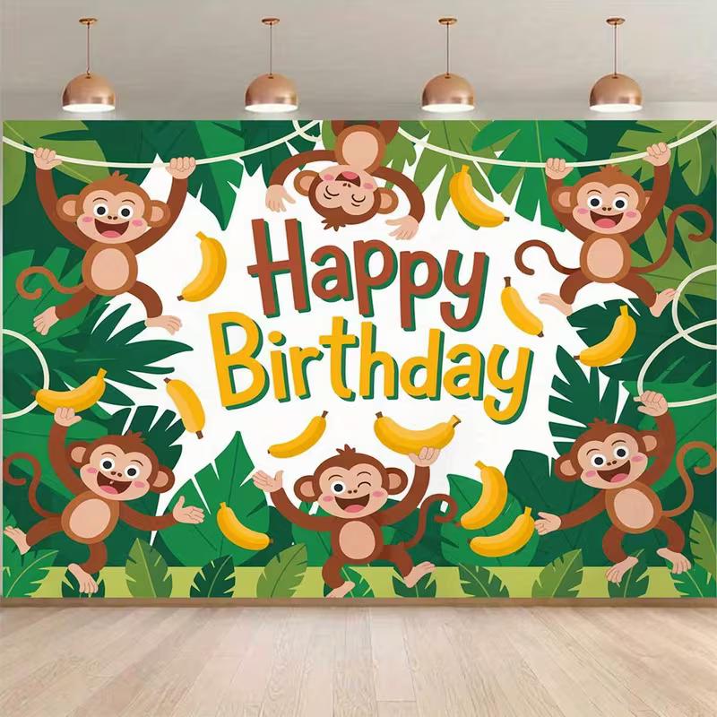 

2D Cartoon Monkey Banana Birthday Backdrop Tropical Jungle Background for Children 47.2x31.5inch/120*80cm