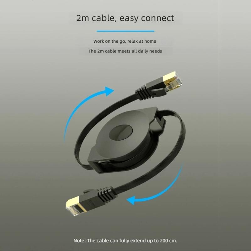 RJ45 Ethernet Cable Pull-Out CAT6 2m Gigabit Cord, Portable Flat Internet Cable for Laptop Desktop Modem Media Device and Desk Work