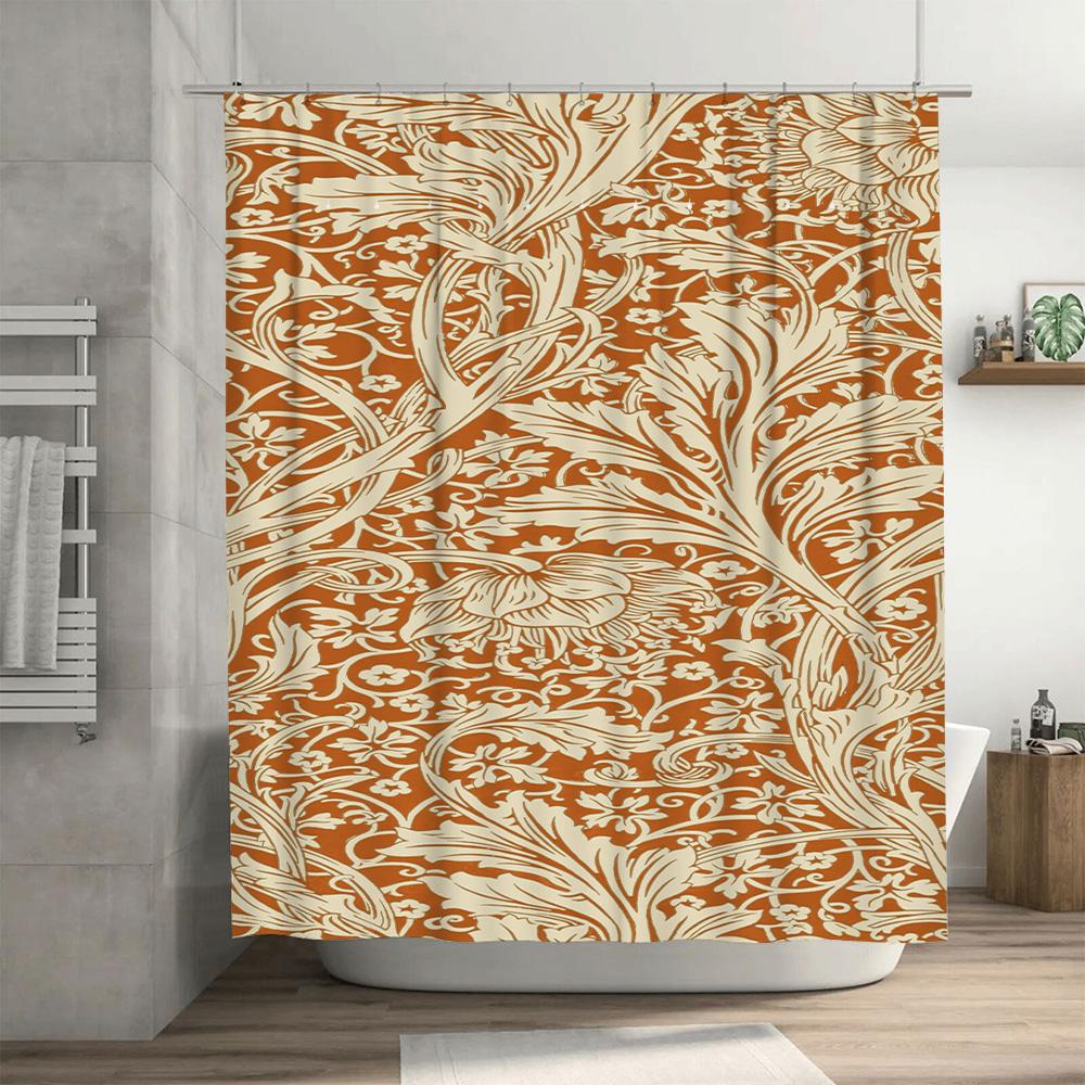 Vintage Floral Shower Curtain Waterproof Bathroom Decor Home Decoration Wall Hanging for Bathtub White on Rustic Orange