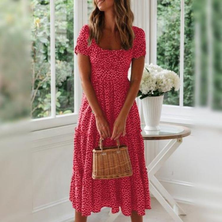 Small Flower Print Patchwork Dress Pleated Bubble Shirring Dating Vacation Short Square Neck Midi Womens Flowy A-line