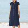 Cotton Linen Long Dress With Pocket And Stand Collar For Casual Travel