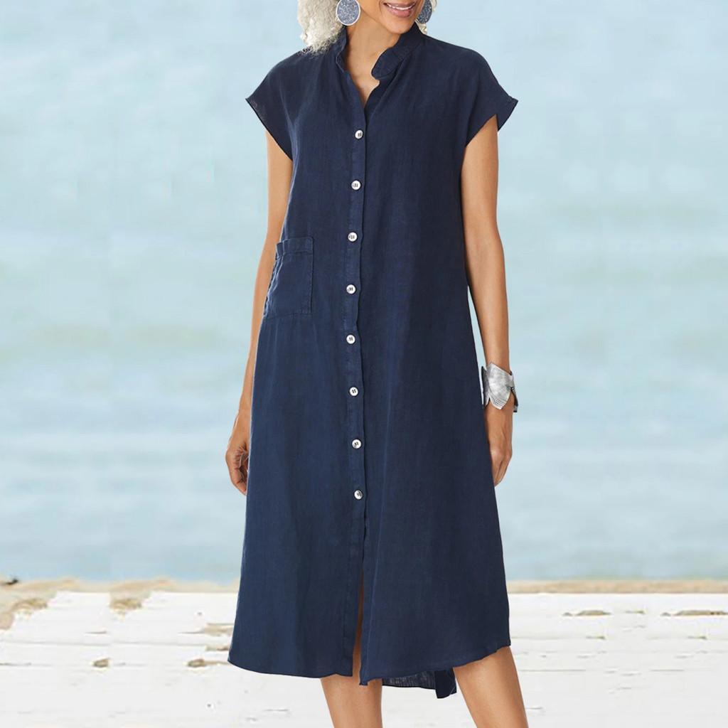 Cotton Linen Long Dress With Pocket And Stand Collar For Casual Travel