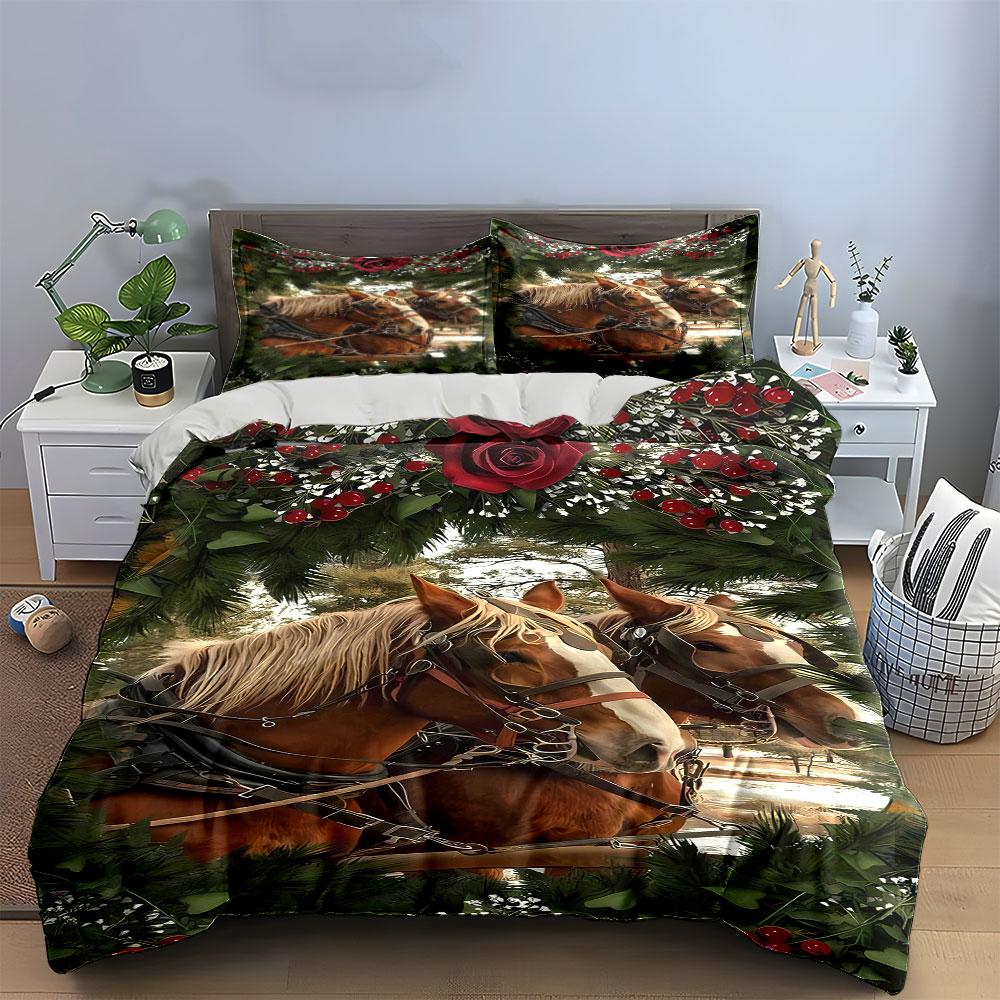 Horses, pine branches, berries. Bedding sets Duvet cover sets Duvet covers Pillowcases(1 * Duvet Cover 2 * Pillowcases without duvet insert)