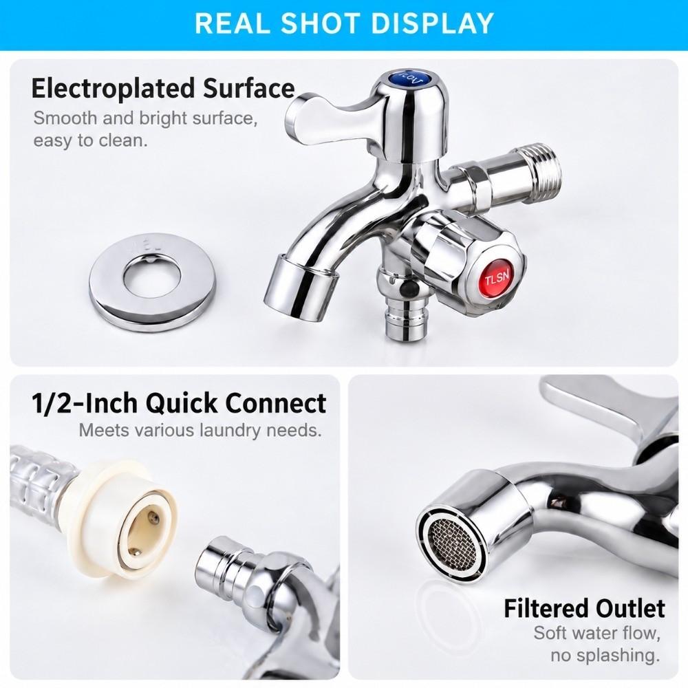 G1/2 Dual Control Water Tap Stainless Steel One in Two Out Faucet Dual Outlet Faucet Kitchen Sink