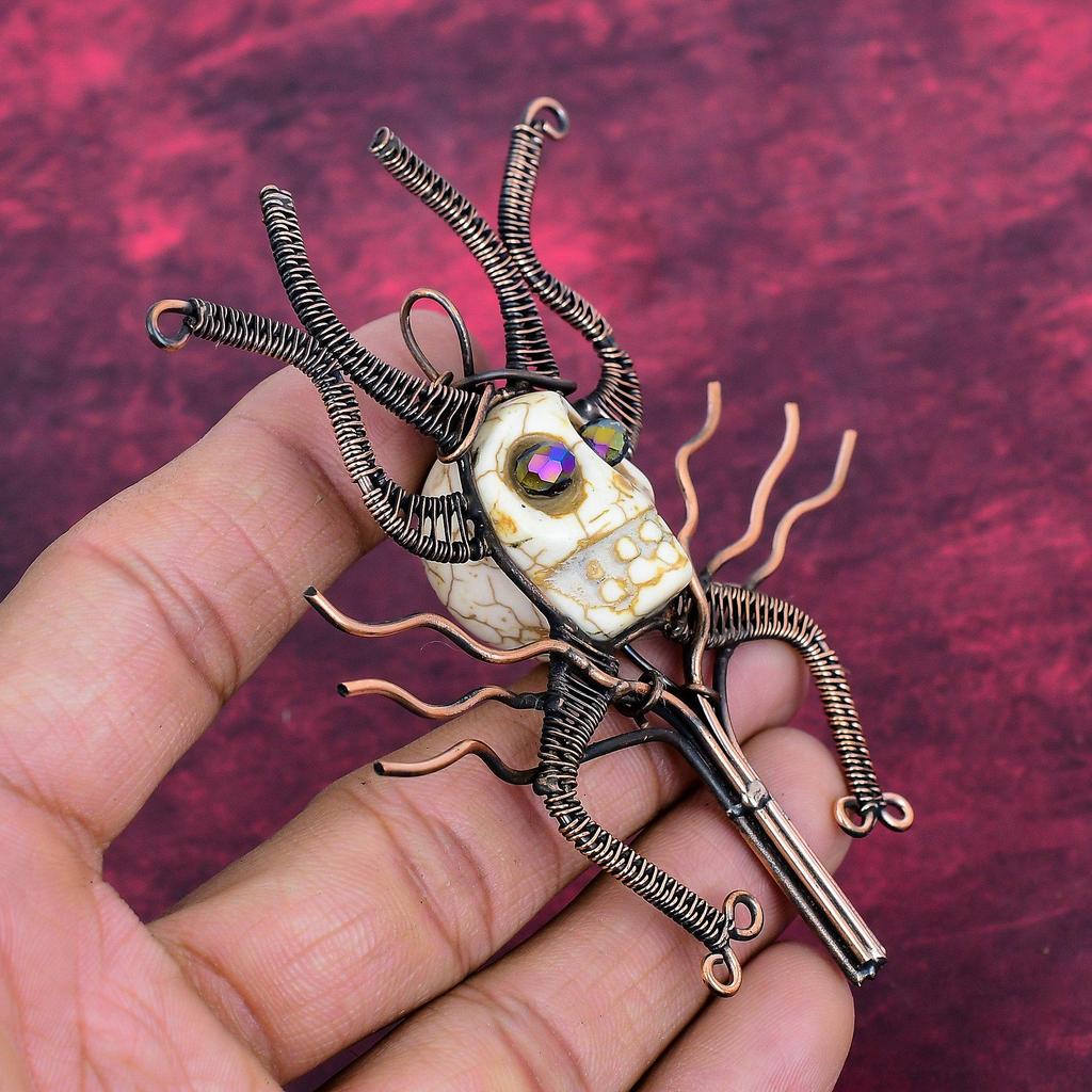 Howlite Pendant Copper Wire Wrapped Pendant Titanium Bead Eyes & Skull Bone Face Pendant