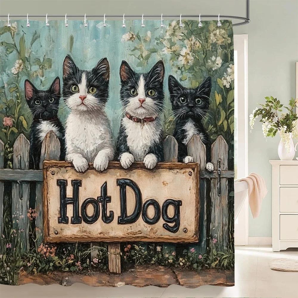 Cartoon Lovely Cat and Dog Shower Curtain Funny Animal Flowers Printed Bathroom Bath Curtain Home Decoration Curtain With Hooks