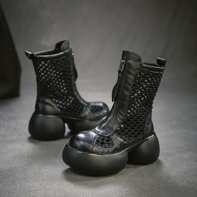 Johnature Genuine Leather Patchwork Mesh Thick Heel Hollow-out Boots Retro Women's Platform Shoes