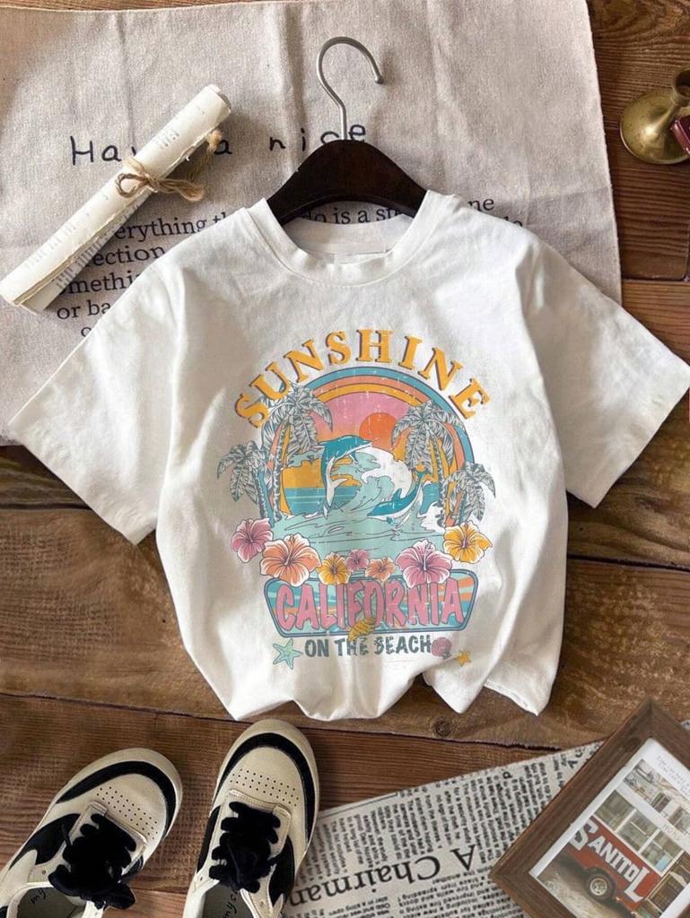 Girl T-Shirt Retro Vacation Colorful Marine Life Beach Print Casual Round Neck Short Sleeve T-Shirt Summer Kids Boys Girls Tops