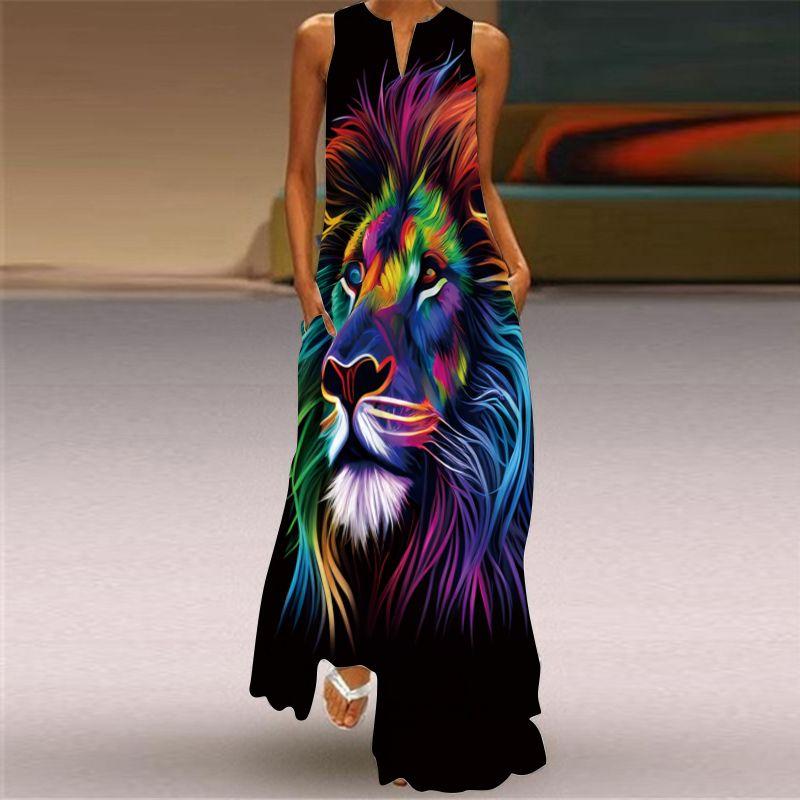 Fashion Style 3D Print Dress Animal Pattern Stage Show Stylish Clothing V Neck Sleeveless Pocket Maxi Dress