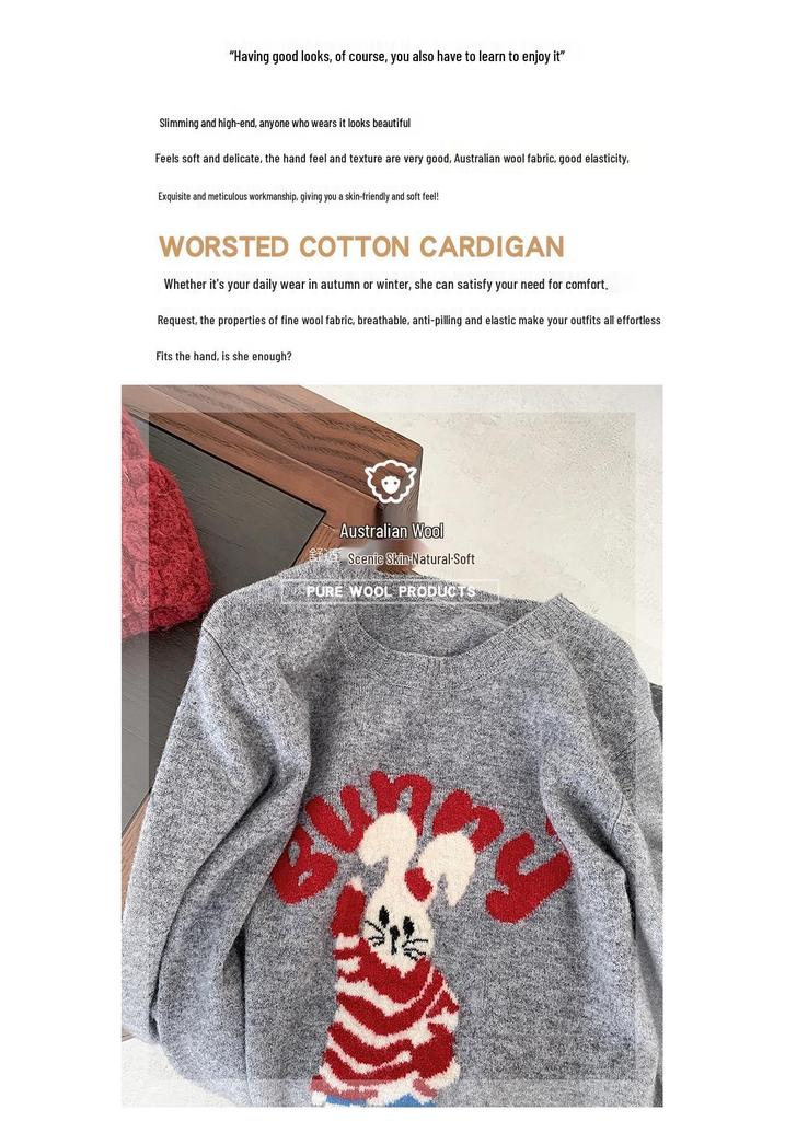 Women's Wool Round Neck Sweater with Cartoon Bunny Embroidery - Cute Style for Autumn/Winter