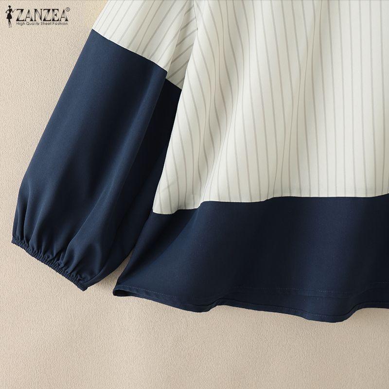 ZANZEA Women Casual Round Neck Loose Stripe Patchwork 3/4 Sleeve Blouse